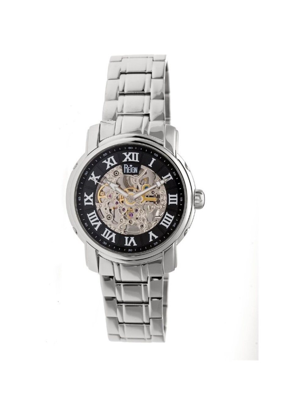 NWT Reign Kahn Black Skeleton Roman Numeral Silver-tone Bracelet Men's Watch